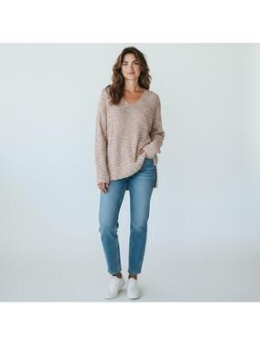 LOFT Women's Rust & White Ribbed Knit V Neck Dolman Sleeve Pullover Sweater, XS